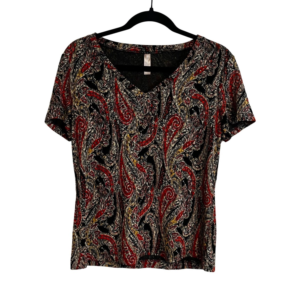 White Stag Womens Red Black Paisley Gold Metallic V-Neck Short Sleeve Top Size M